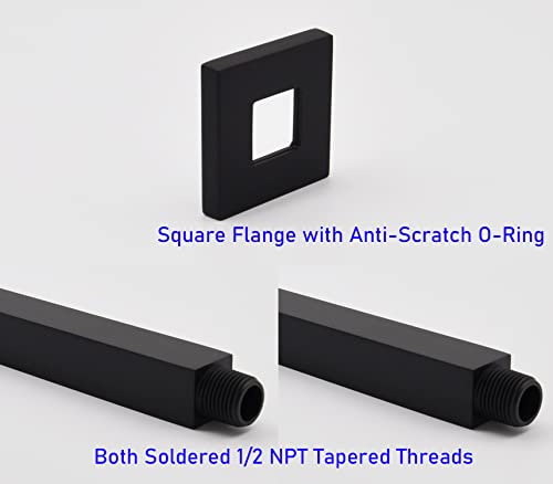 Aquaiaw Square Shower Arm and Anti-Scratch O-Ring Flange, 6 inch, Solid Brass, Both Soldered 1/2 NPT Tapered Threads, Straight Shower Head Arm, Ceiling Mount Shower Extension Arm (Matte Black) - Image 3