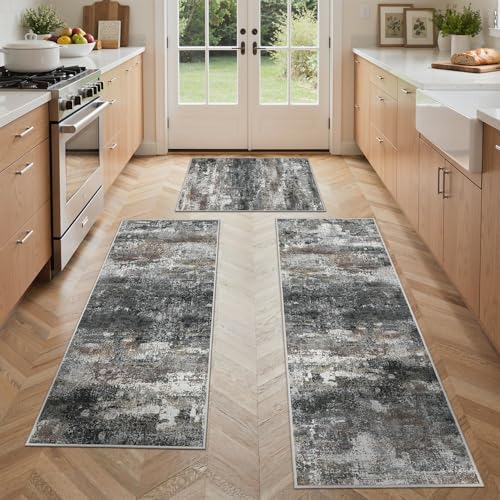 GENIMO Kitchen Rug Sets of 3, Non-Slip Washable Low-Pile Kitchen Mats for Floor, Waterproof Abstract Kitchen Runner Rug, Floor Mat Carpet for Hallway, Laundry, Sink, Entryway, Bathroom, Black&Brown - Image 1