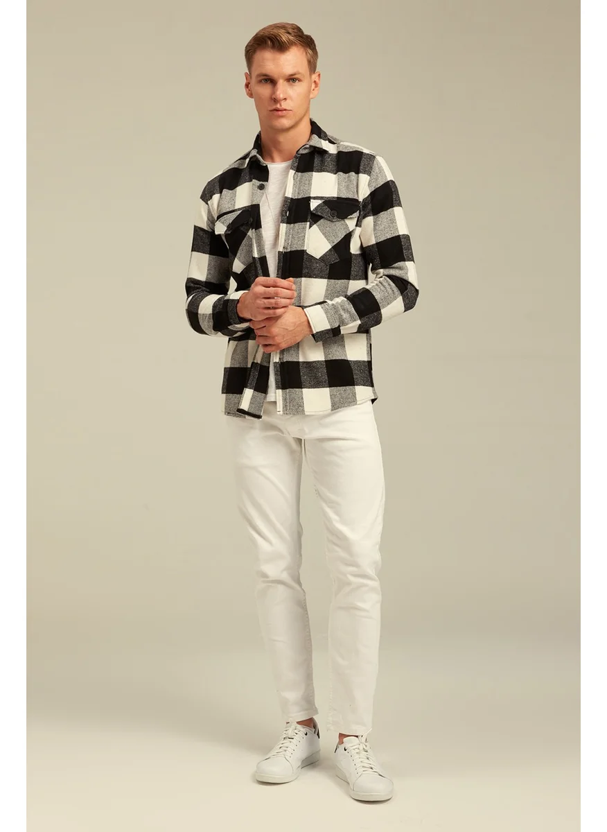 Cool Tarz Cool Style White Men's Slim Fit Button-down Collar Double Pocket Lumberjack Plaid Shirt