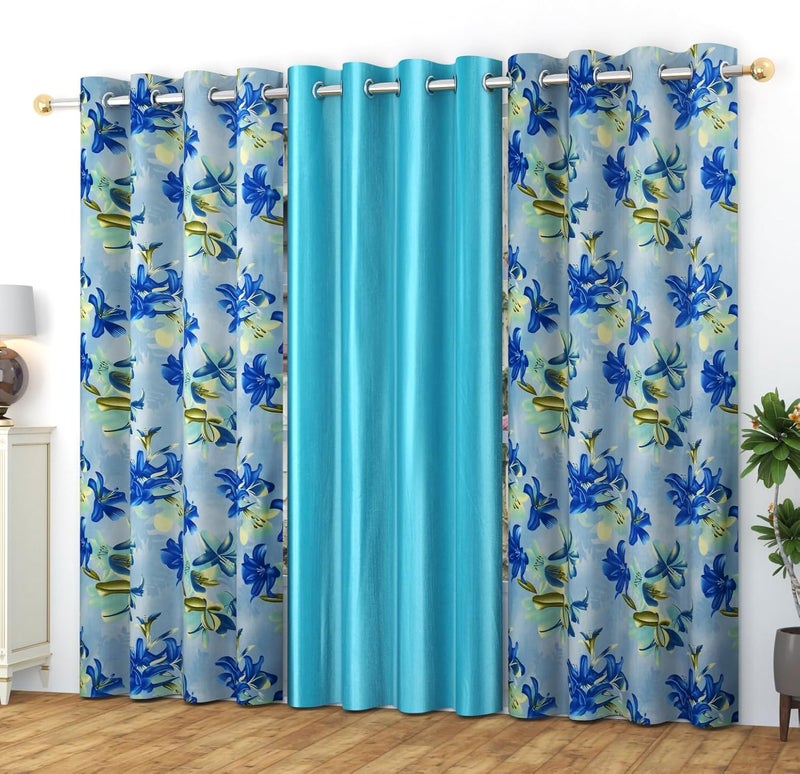 Yarnis Yarnis Polyester Digital Printed Floral Curtain for Living Room Home Decor I Set of 3 I Aqua Blue 4 X 5 Feet - Image 1