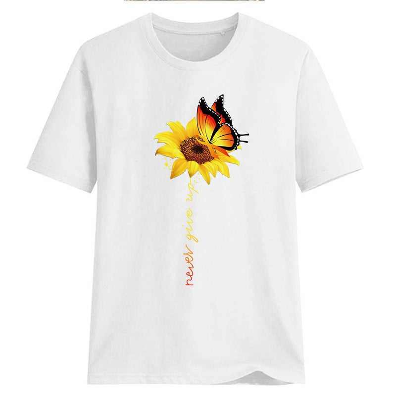 Butterfly Sunflower Sunflower Print Short Sleeve T-Shirt Explosive Foreign Trade One Drop Shipping Wish eBay white XXXL - Image 1