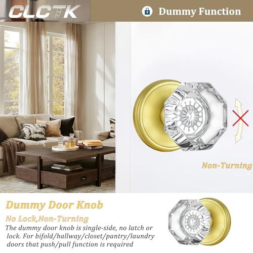 CLCTK 2 Pack Gold Dummy Door Knobs Interior, Non Turning Crystal Glass Dummy Door Knobs for Hall Closet Bifold, Satin Brass Finish - Image 2