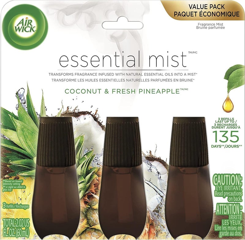 Air Wick عبوة إعادة تعبئة Air Wick Essential Mist، 3 قطع، جوز الهند والأناناس، موزع زيوت أساسية، معطر هواء - Image 1