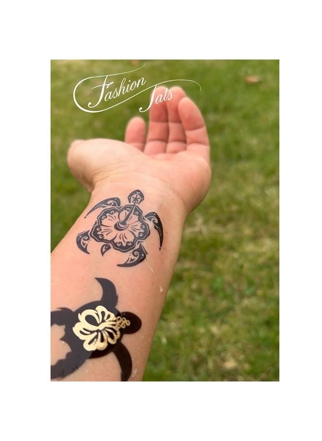 Fashiontats - Polynesian Pack Temporary Tattoos (Pack of 11) | Black & Metallic Gold | Tribal Turtle - Hibiscus - Gecko - Tribal Sun | Skin Safe | MADE IN THE USA | Removable - Image 1