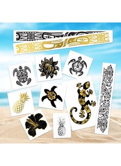 Polynesian Pack Temporary Tattoos (Pack of 11) | Black & Metallic Gold | Tribal Turtle - Hibiscus - Gecko - Tribal Sun | Skin Safe | MADE IN THE USA | Removable