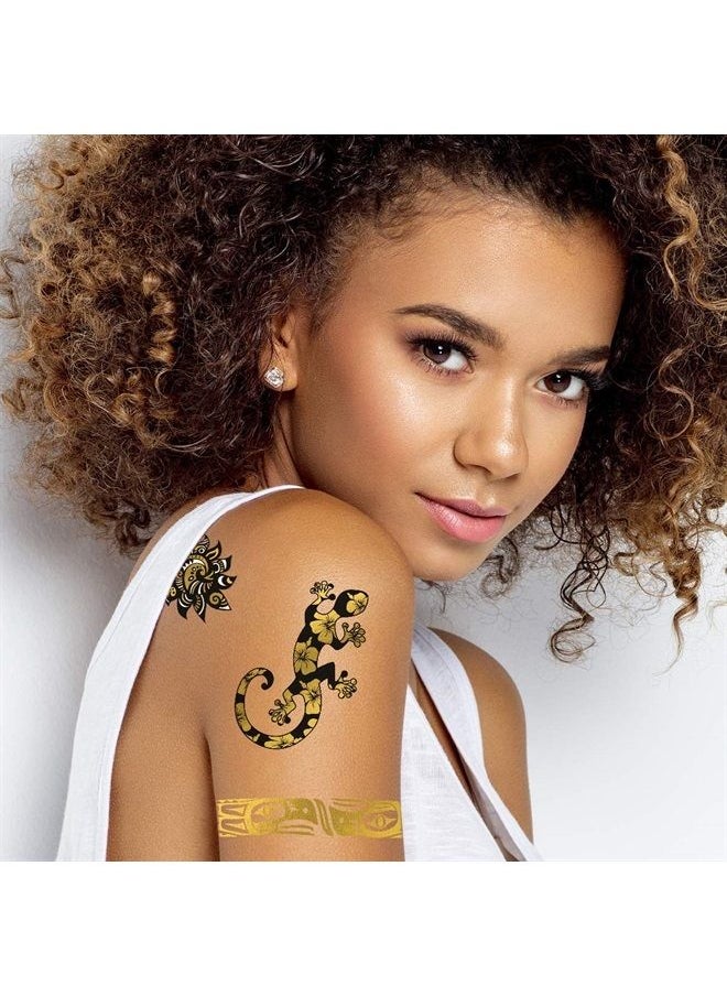 Fashiontats - Polynesian Pack Temporary Tattoos (Pack of 11) | Black & Metallic Gold | Tribal Turtle - Hibiscus - Gecko - Tribal Sun | Skin Safe | MADE IN THE USA | Removable - Image 1