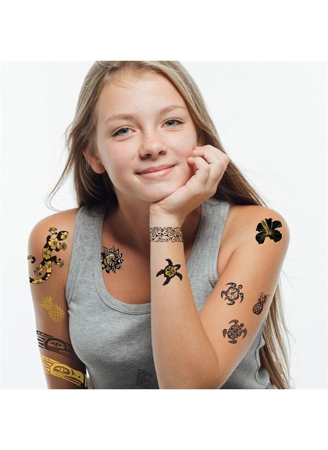 Fashiontats - Polynesian Pack Temporary Tattoos (Pack of 11) | Black & Metallic Gold | Tribal Turtle - Hibiscus - Gecko - Tribal Sun | Skin Safe | MADE IN THE USA | Removable - Image 1