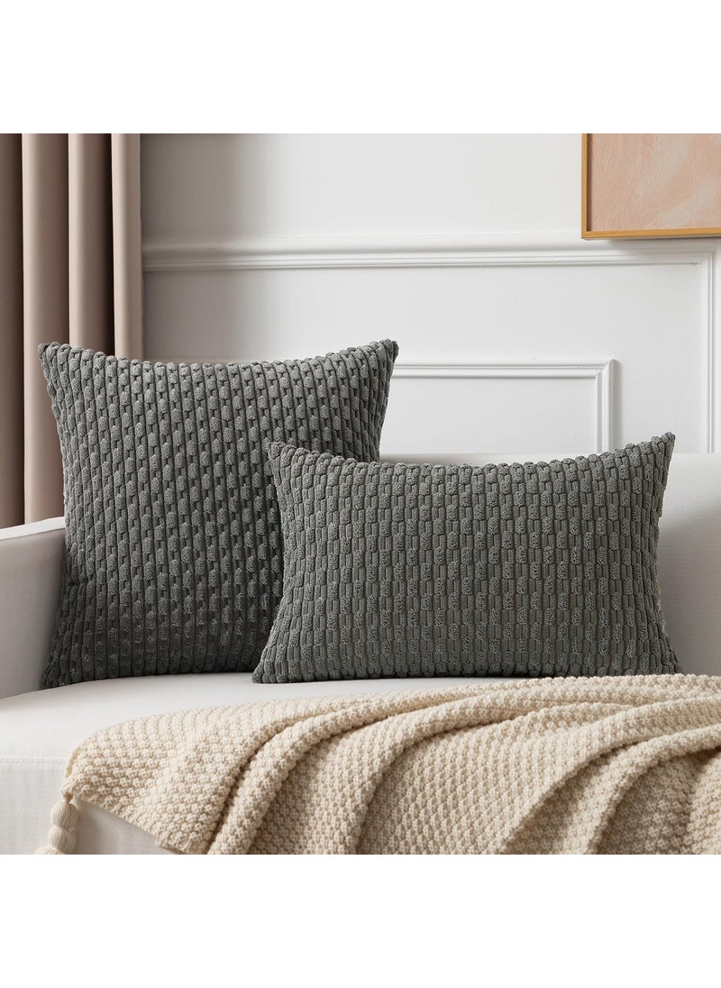 K KEVIN TEXTILE Kevin Textile Corduroy Striped Soft Soild Decorative Square Throw Pillow Covers Set Cushion Cases Pillowcases for Sofa Bedroom 2 Pcs 24x24 Inch Dark Grey  - Image 4