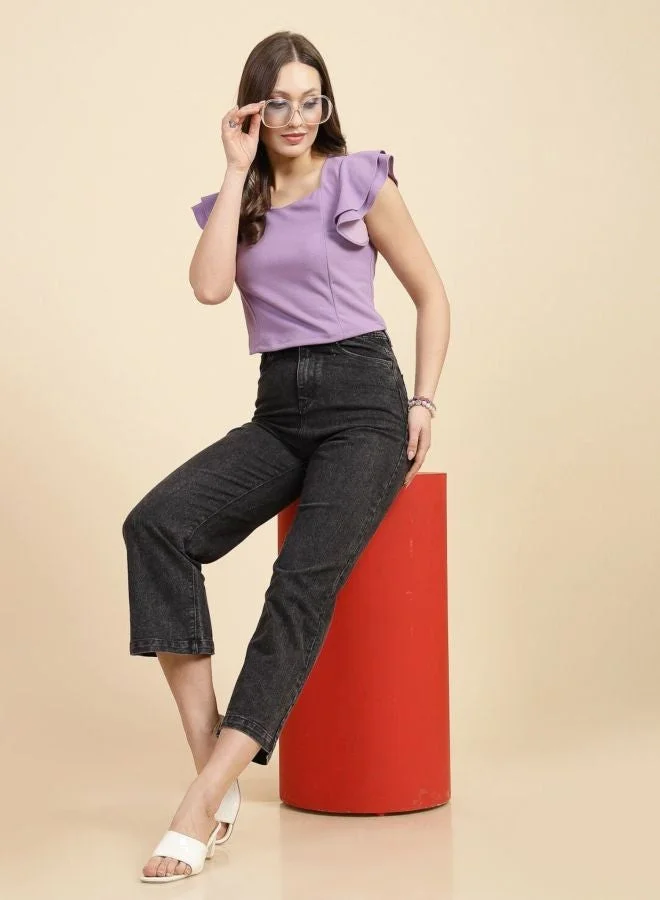 Freehand  Women Regular Fit Solid Sweetheart Neck Short Sleeve Ruffled Top  | Best Price UAE