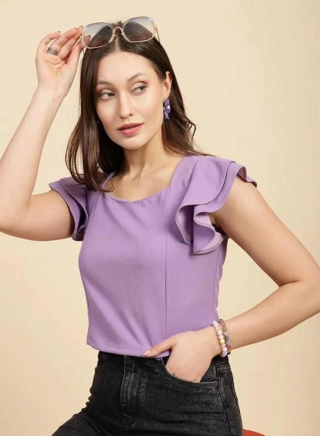 Freehand  Women Regular Fit Solid Sweetheart Neck Short Sleeve Ruffled Top  | Best Price UAE