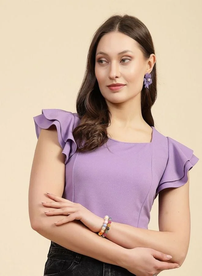 Freehand  Women Regular Fit Solid Sweetheart Neck Short Sleeve Ruffled Top  | Best Price UAE