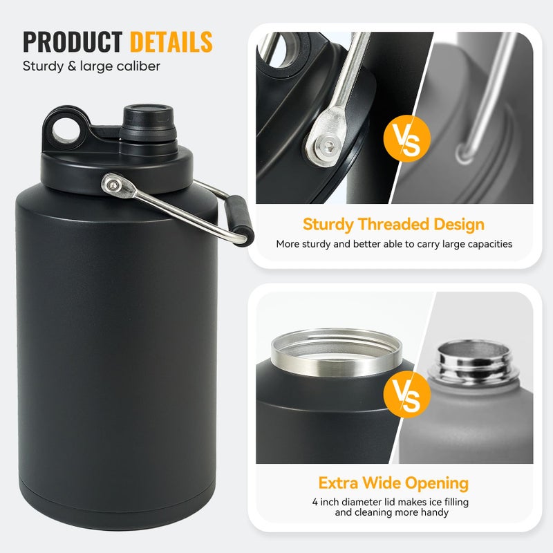 Kerilyn Insulated Gallon Jug with Handle, One Gallon, 128oz Stainless Steel, Large Double Vacuum Water Bottle for Hot & Cold Drinks, Wide Mouth, Sweat Proof, Great for Travel, Camping, Black - Image 4