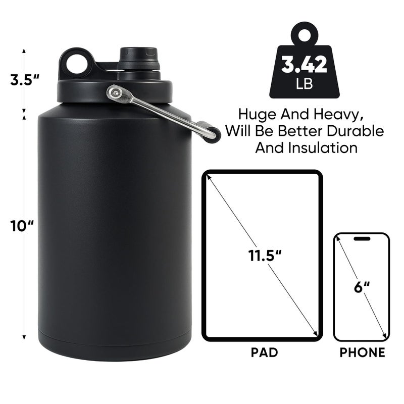 Kerilyn Insulated Gallon Jug with Handle, One Gallon, 128oz Stainless Steel, Large Double Vacuum Water Bottle for Hot & Cold Drinks, Wide Mouth, Sweat Proof, Great for Travel, Camping, Black - Image 2