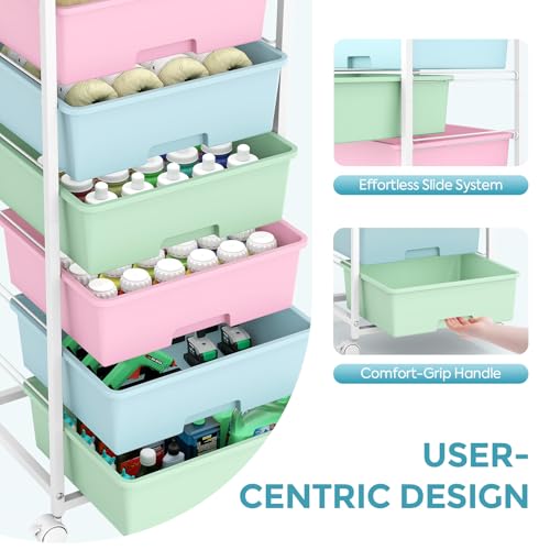 APEXCHASER Rolling Storage Cart with 6 Drawers and Wooden Tabletop, Lockable Wheels Utility Cart for Art Studios, Office Supplies & Craft Room Organization (Rainbow) - Image 3