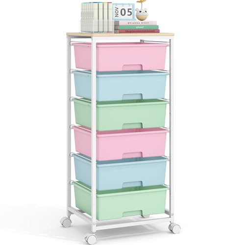APEXCHASER Rolling Storage Cart with 6 Drawers and Wooden Tabletop, Lockable Wheels Utility Cart for Art Studios, Office Supplies & Craft Room Organization (Rainbow) - Image 1