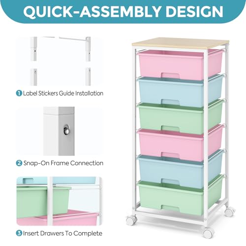 APEXCHASER Rolling Storage Cart with 6 Drawers and Wooden Tabletop, Lockable Wheels Utility Cart for Art Studios, Office Supplies & Craft Room Organization (Rainbow) - Image 4
