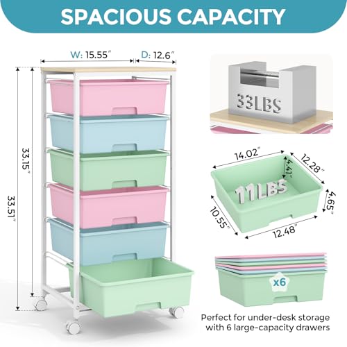 APEXCHASER Rolling Storage Cart with 6 Drawers and Wooden Tabletop, Lockable Wheels Utility Cart for Art Studios, Office Supplies & Craft Room Organization (Rainbow) - Image 2