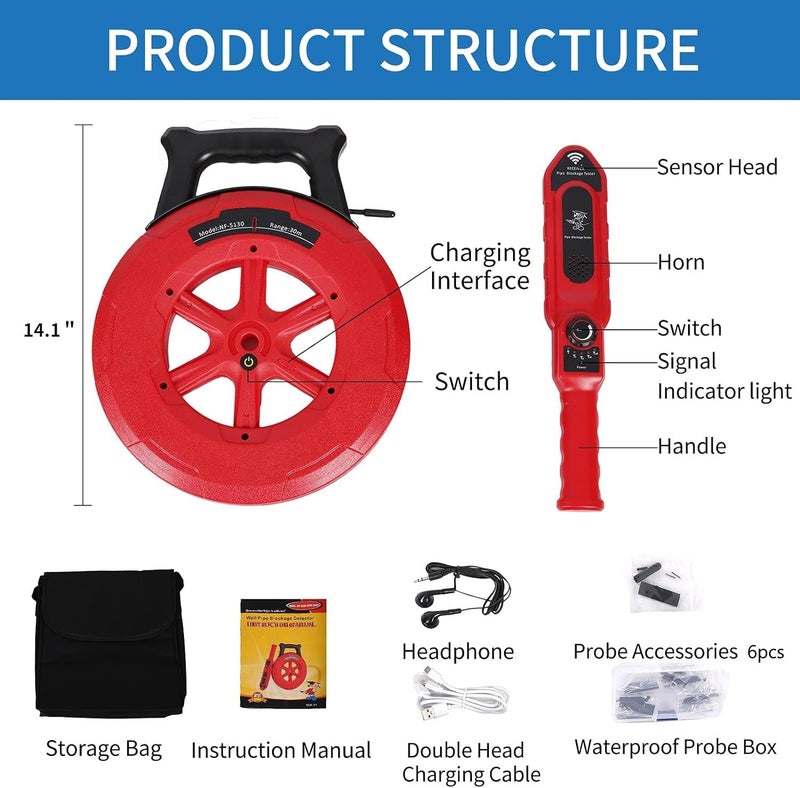 Yeipower Pipe Blockage Detector Locators-Sensor - Water Pipe Wall Scanner 30M Pipeline Detector Metal PVC Water Pipes Clogging Tool - Image 5