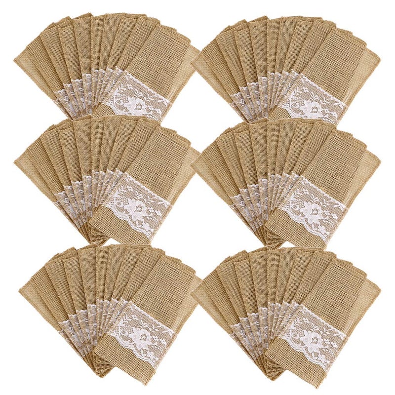 حاملات أدوات المائدة من الخيش الطبيعي OwnMy مع دانتيل لحفلات الزفاف الريفية القديمة 60 حزمة