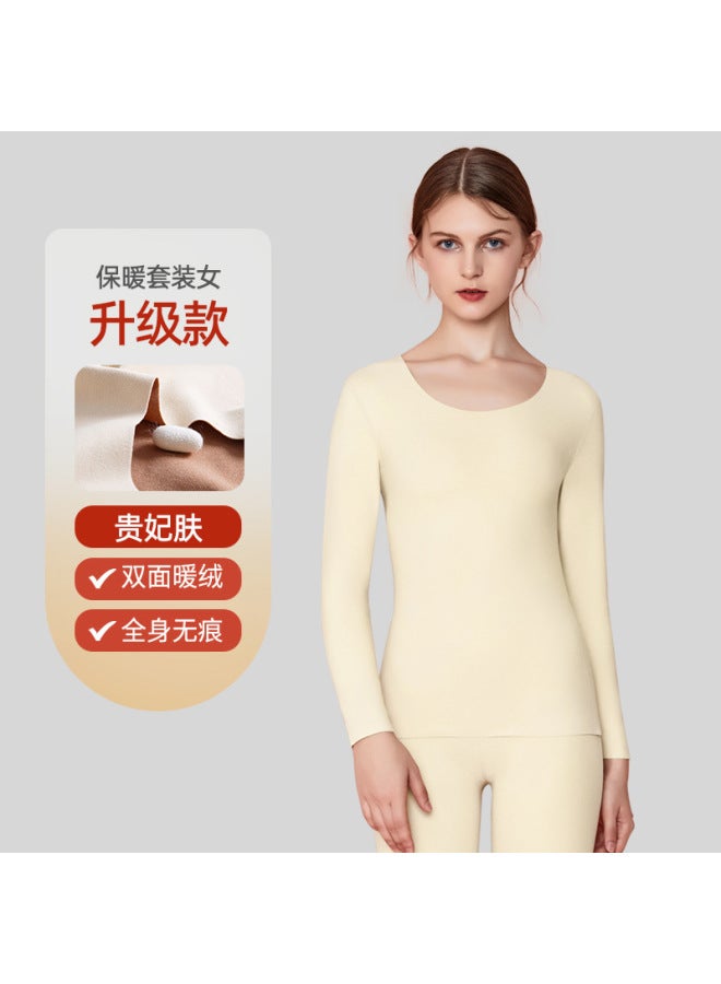 De Velvet Thermal Underwear Undershirt Autumn And Winter Fleece-lined Thickened Seamless Autumn Clothes Women's Suit Long Pants Heating Brushed Round Neck