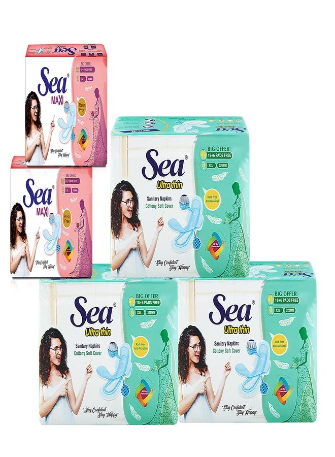 Sea Ultra Thin Cotton Sanitary Pads for Women | Up to 100% Leakage Protection, Locks Odour & Wetness | Ultra Hygiene, Rash Free Cotton Soft | Pack of 84 (72 pcs Ultra Thin XXL+ 12 pcs Maxi XL). - Image 1
