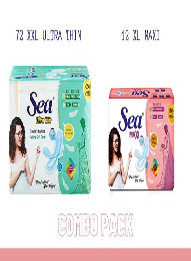 Sea Ultra Thin Cotton Sanitary Pads for Women | Up to 100% Leakage Protection, Locks Odour & Wetness | Ultra Hygiene, Rash Free Cotton Soft | Pack of 84 (72 pcs Ultra Thin XXL+ 12 pcs Maxi XL). - Image 2