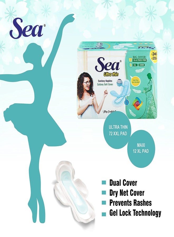 Sea Ultra Thin Cotton Sanitary Pads for Women | Up to 100% Leakage Protection, Locks Odour & Wetness | Ultra Hygiene, Rash Free Cotton Soft | Pack of 84 (72 pcs Ultra Thin XXL+ 12 pcs Maxi XL). - Image 3