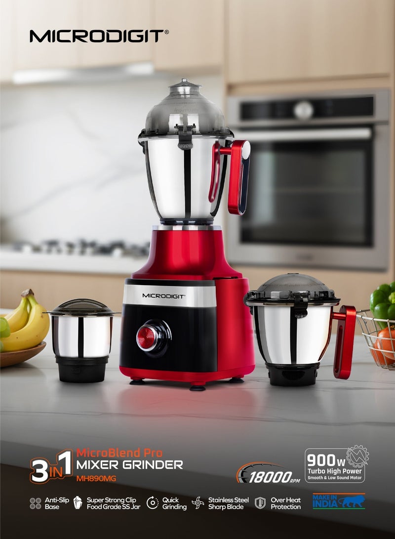 Microdigit 900w Turbo High Power 3-in-1 Microblend pro mixer grinder & juicer blender made in india 1.5 L MH890MG Maroon - Image 2