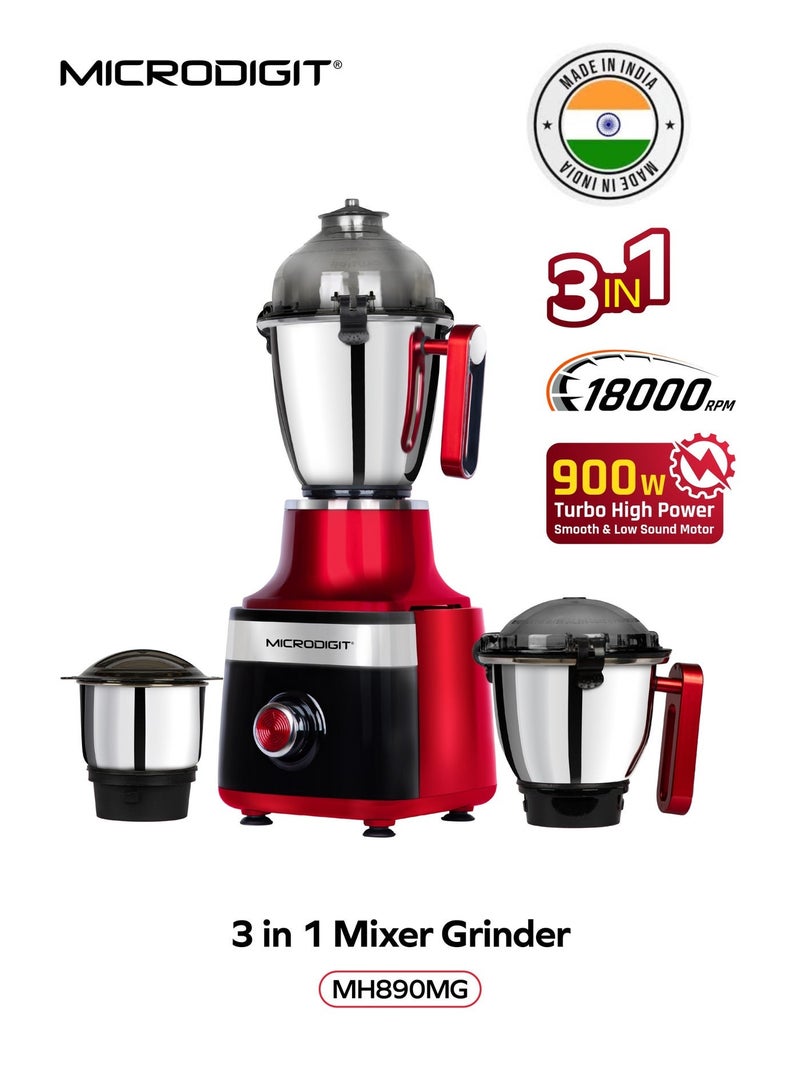 Microdigit 900w Turbo High Power 3-in-1 Microblend pro mixer grinder & juicer blender made in india 1.5 L MH890MG Maroon - Image 1