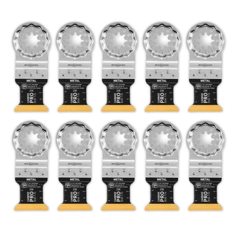 Fein Starlock E-Cut Carbide Pro Saw Blade - Precision Cutting for Hard Metals, Tempered Screws and Abrasive Materials, TiN Coated, 1-1/4" Width, 1-5/8" Length, 10-Pack - 63502236290 - Image 1