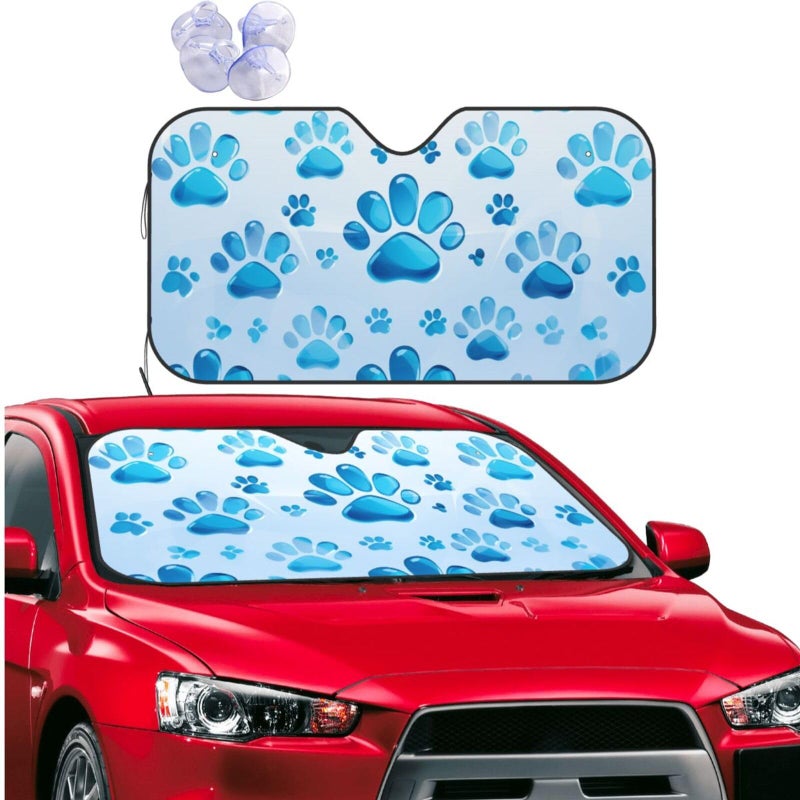 Small Black Foldable Car Windshield Sun Shade With Blue Paw Print Interior Protector - Image 2