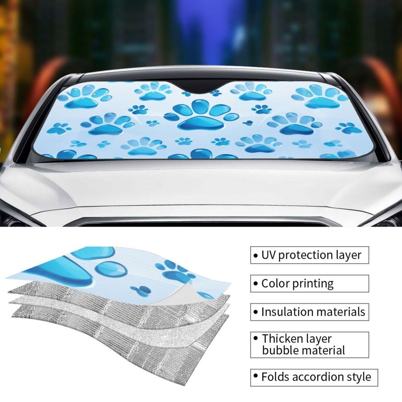 Small Black Foldable Car Windshield Sun Shade With Blue Paw Print Interior Protector - Image 4