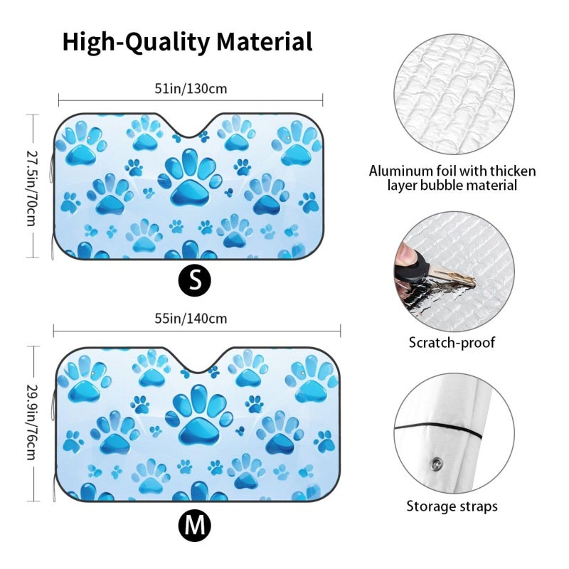 Small Black Foldable Car Windshield Sun Shade With Blue Paw Print Interior Protector - Image 3