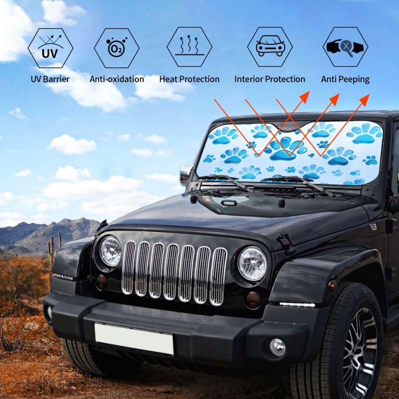 Small Black Foldable Car Windshield Sun Shade With Blue Paw Print Interior Protector - Image 5