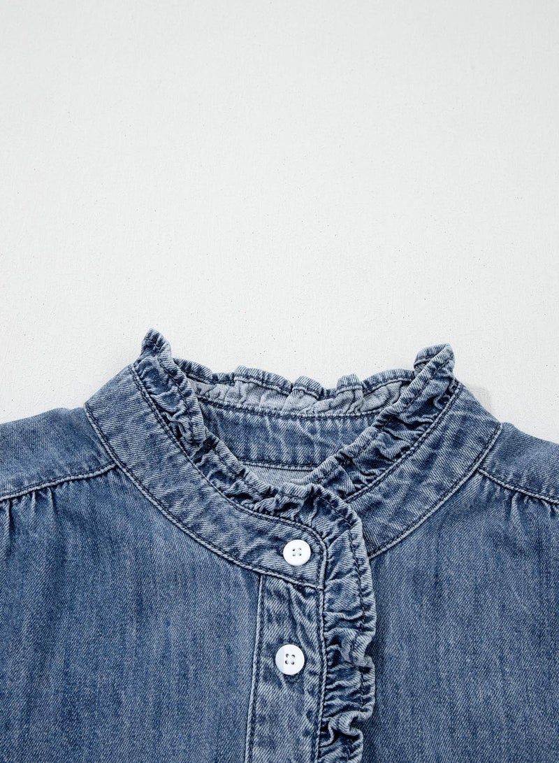 Sidefeel Denim Tops for Women Button Up Casual Long Sleeve Fall Chambray Denim Shirt Teacher Outfits Washing Blue Medium - Image 4