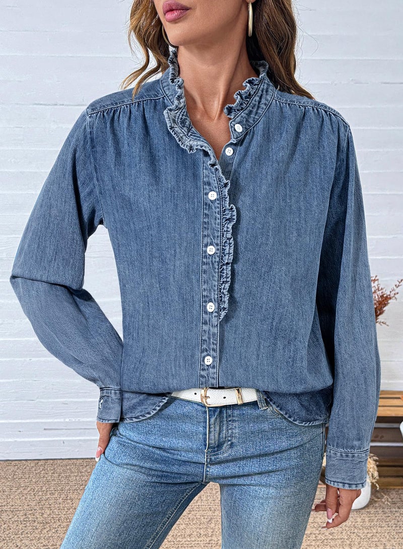 Sidefeel Denim Tops for Women Button Up Casual Long Sleeve Fall Chambray Denim Shirt Teacher Outfits Washing Blue Medium - Image 2
