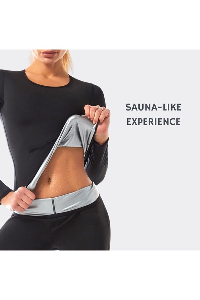 بوفان طقم ساونا نسائي، بلوزة بأكمام طويلة + بنطال بخصر عالٍ، لزيادة التعرق ونحت الجسم - Image 4