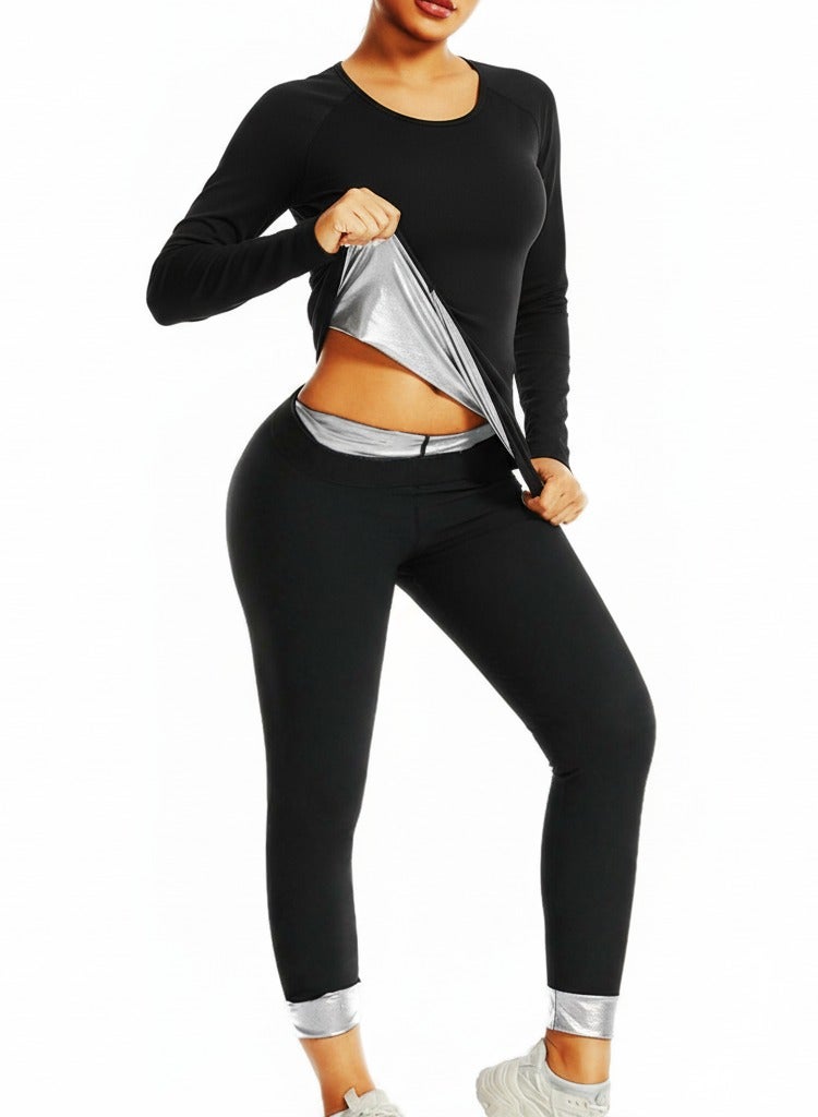 بوفان طقم ساونا نسائي، بلوزة بأكمام طويلة + بنطال بخصر عالٍ، لزيادة التعرق ونحت الجسم - Image 1