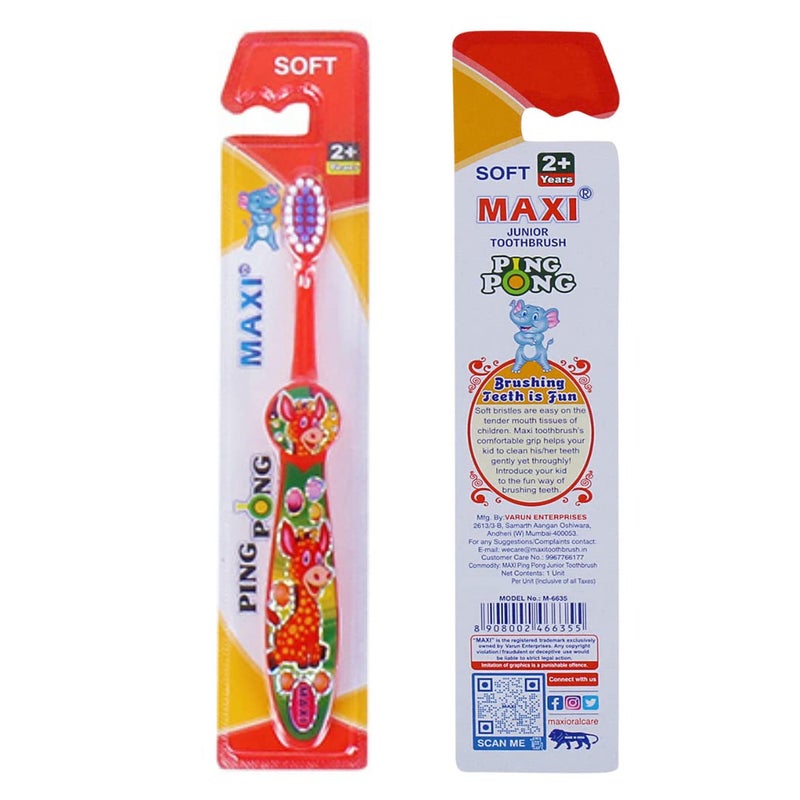 Maxi فرشاة أسنان ماكسي بينغ بونغ جونيور اليدوية، شعيرات ناعمة للأطفال، الأولاد والبنات، الرضع، toddlers، 2+ سنوات، متعددة الألوان (عبوة من 12) - Image 5