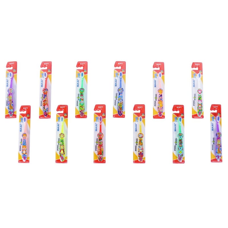 Maxi فرشاة أسنان ماكسي بينغ بونغ جونيور اليدوية، شعيرات ناعمة للأطفال، الأولاد والبنات، الرضع، toddlers، 2+ سنوات، متعددة الألوان (عبوة من 12) - Image 4