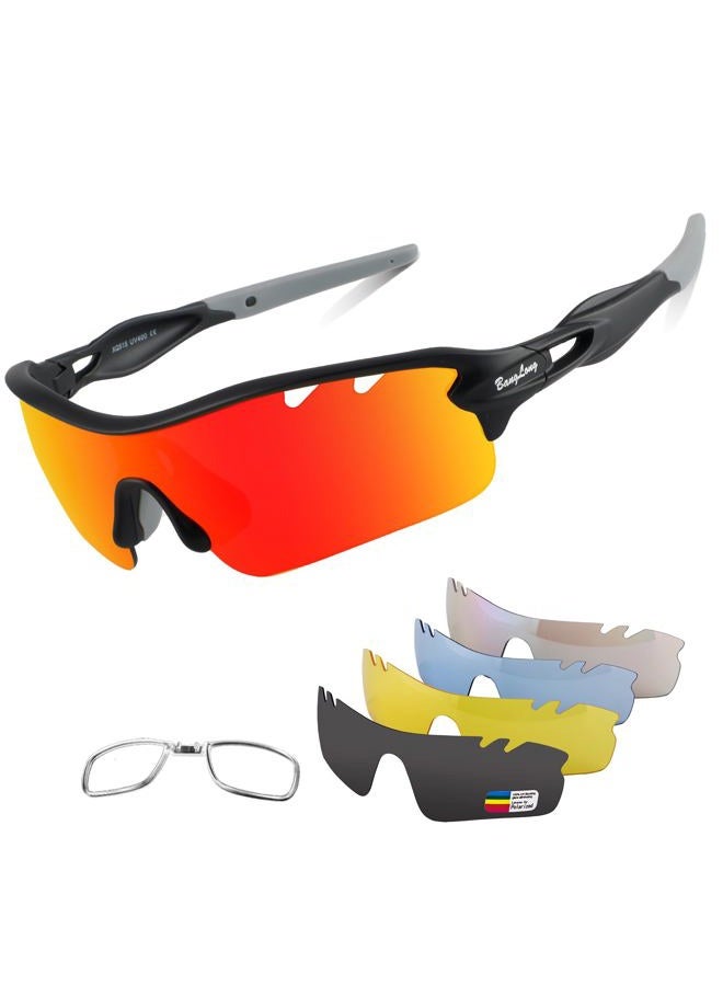 BangLong Polarized Sports Sunglasses Cycling Sun Glasses for Men Women with 5 Interchangeable Lenes for Running Baseball Golf Driving Standard black - Image 1