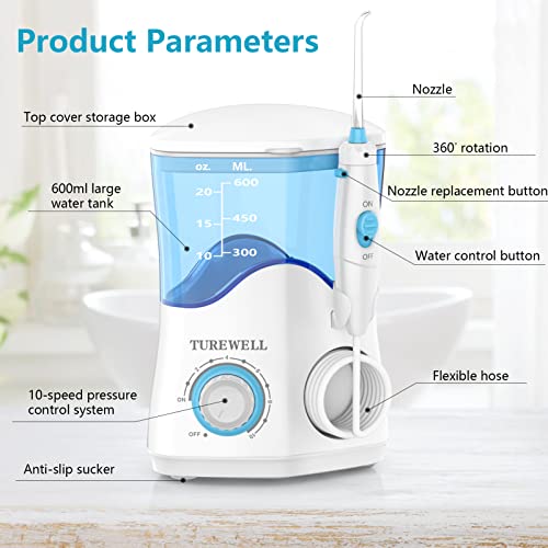 TUREWELL جهاز تنظيف الأسنان بالماء TUREWELL للأسنان/التقويم، منظف الأسنان بالماء مع 8 رؤوس نفاثة و 10 مستويات ضغط، 600 مل خزان ماء كبير جهاز ري فموي للعائلة (أبيض) - Image 2