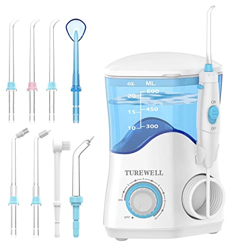 TUREWELL جهاز تنظيف الأسنان بالماء TUREWELL للأسنان/التقويم، منظف الأسنان بالماء مع 8 رؤوس نفاثة و 10 مستويات ضغط، 600 مل خزان ماء كبير جهاز ري فموي للعائلة (أبيض) - Image 1