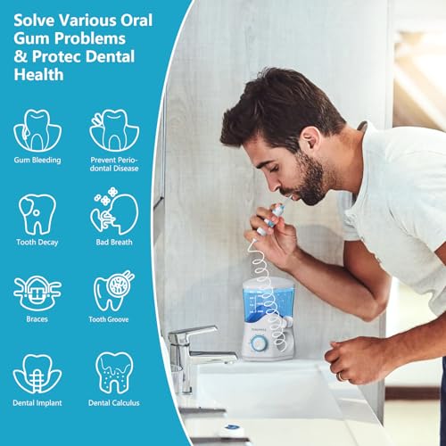 TUREWELL جهاز تنظيف الأسنان بالماء TUREWELL للأسنان/التقويم، منظف الأسنان بالماء مع 8 رؤوس نفاثة و 10 مستويات ضغط، 600 مل خزان ماء كبير جهاز ري فموي للعائلة (أبيض) - Image 4