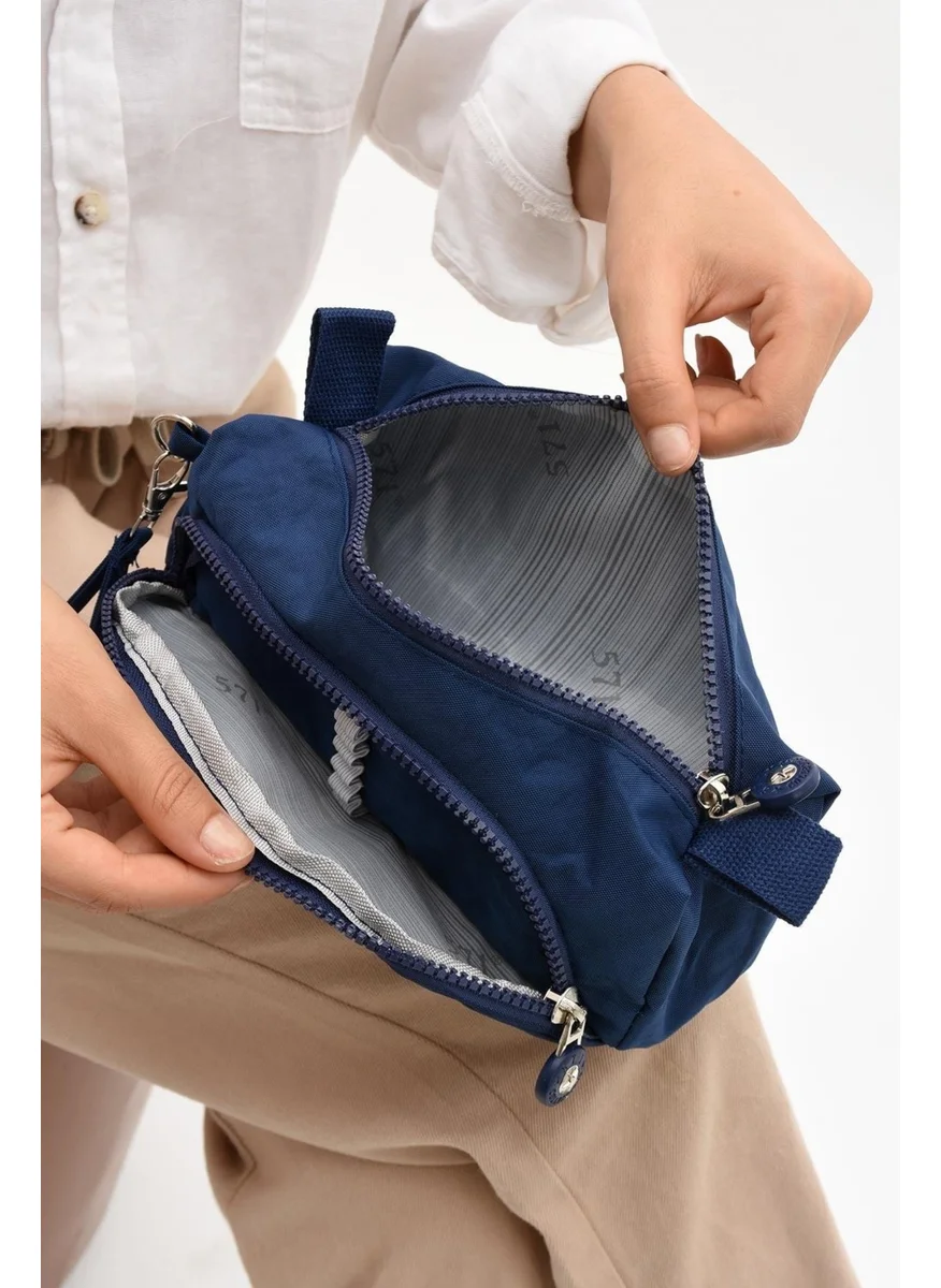 Duomino Navy Blue Crinkle Fabric Multi-Pocket Water Repellent Washable Pencil Case / Wallet Type Make-up Bag