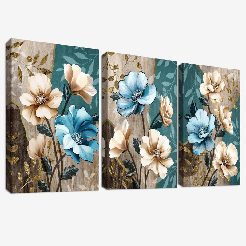 3 Pcs Wooden Framed Canvas Wall Art Canvas Prints Botanical Lotus Flowers Painting Vintage Beige Blue Floral Pictures for Living Room Bedroom Bathroom Hallway Home Wall Decor 90x40cm(12"x16"x3pcs)