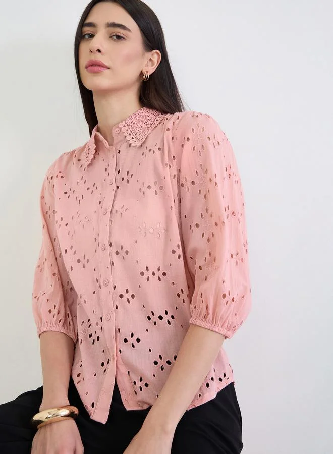 Styli Pink Floral Embroidered Shirt with Lace Collar