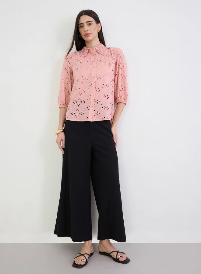 Styli Pink Floral Embroidered Shirt with Lace Collar
