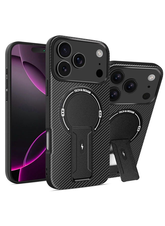 حافظة مغناطيسية لهاتف iPhone 17 Pro Max، حماية عدسة الكاميرا المرتفعة، حامل الهاتف، دعم الشحن اللاسلكي، غطاء iPhone 17 Pro Max واقي من الصدمات بلون موحد، أسود - Image 2