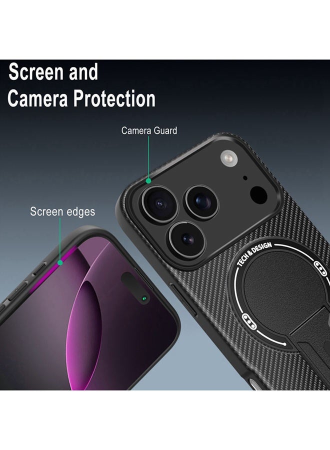 حافظة مغناطيسية لهاتف iPhone 17 Pro Max، حماية عدسة الكاميرا المرتفعة، حامل الهاتف، دعم الشحن اللاسلكي، غطاء iPhone 17 Pro Max واقي من الصدمات بلون موحد، أسود - Image 4